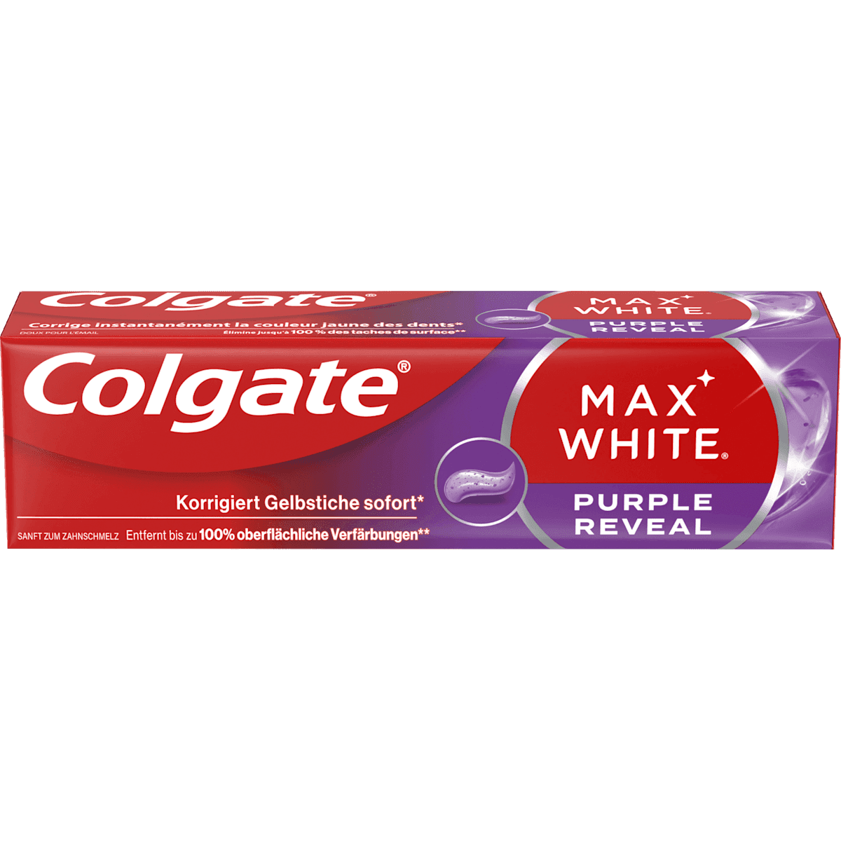 Colgate Dentifrice Max White Purple Reveal, 75 ml (Colgate Zahnpasta Max White Purple Reveal, 75 ml) — produit allemand authentique au Maroc