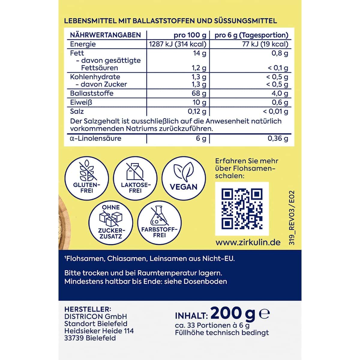 Zirkulin téguments de psyllium gemahlen Plus, 200 g (Zirkulin Flohsamenschalen gemahlen Plus, 200 g) — produit allemand authentique au Maroc
