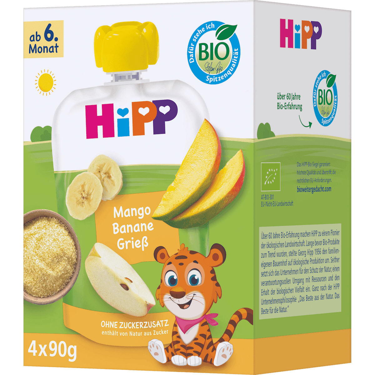 HiPP Quetschies Multi Mango Bananen semoule, dès 6 mois (4x90 g), 360 g (HiPP Quetschies Multi Mango Bananen Grieß, ab 6. Monat (4x90 g), 360 g) — منتج ألماني أصلي في المغرب