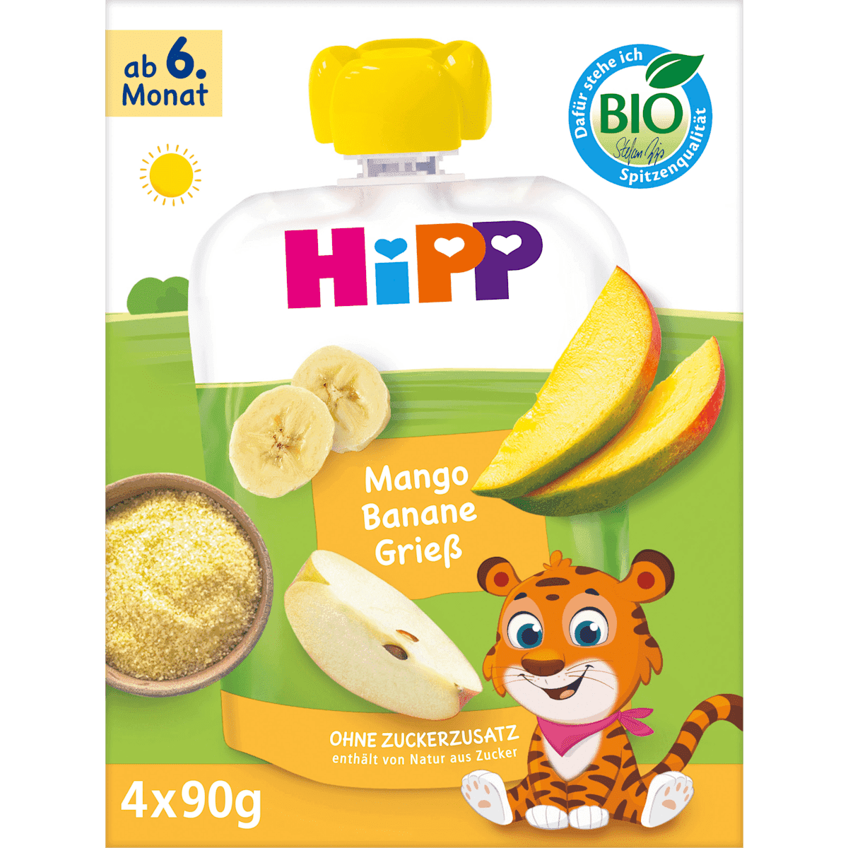 HiPP Quetschies Multi Mango Bananen semoule, dès 6 mois (4x90 g), 360 g (HiPP Quetschies Multi Mango Bananen Grieß, ab 6. Monat (4x90 g), 360 g) — منتج ألماني أصلي في المغرب