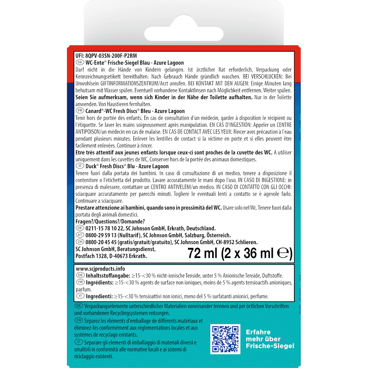 WC-Ente Cleanser WC Fresh Discs Azure Lagoon refill 2 pcs, 72 ml (WC-Ente WC-Reiniger Frische-Siegel Azure Lagoon Nachfüllpack 2 St, 72 ml) — authentic German product in Morocco