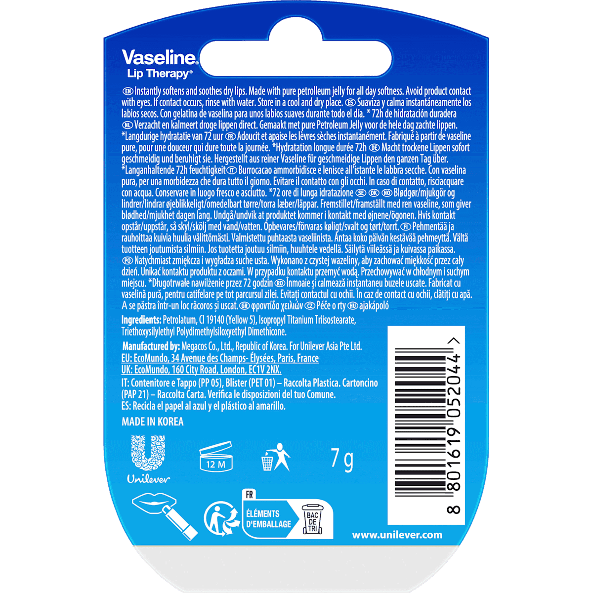 Vaseline Soin des lèvres Original, 7 g (Vaseline Lippenpflege Original, 7 g) — produit allemand authentique au Maroc
