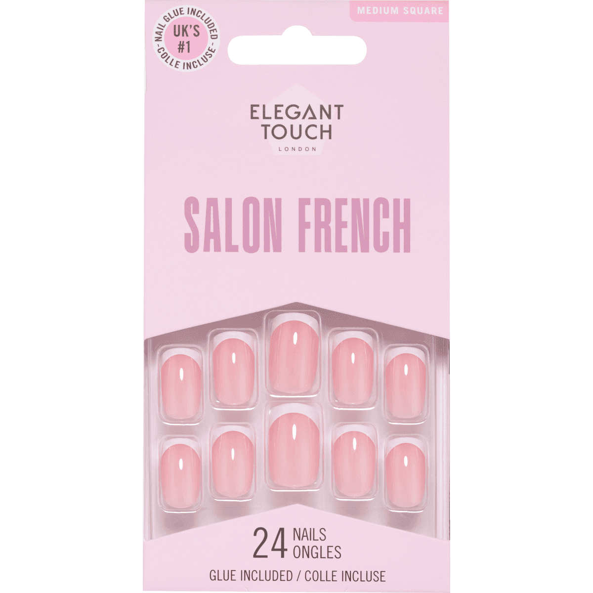 Elegant Touch faux ongles Salon French Medium Square, 24 pièces — produit allemand authentique au Maroc