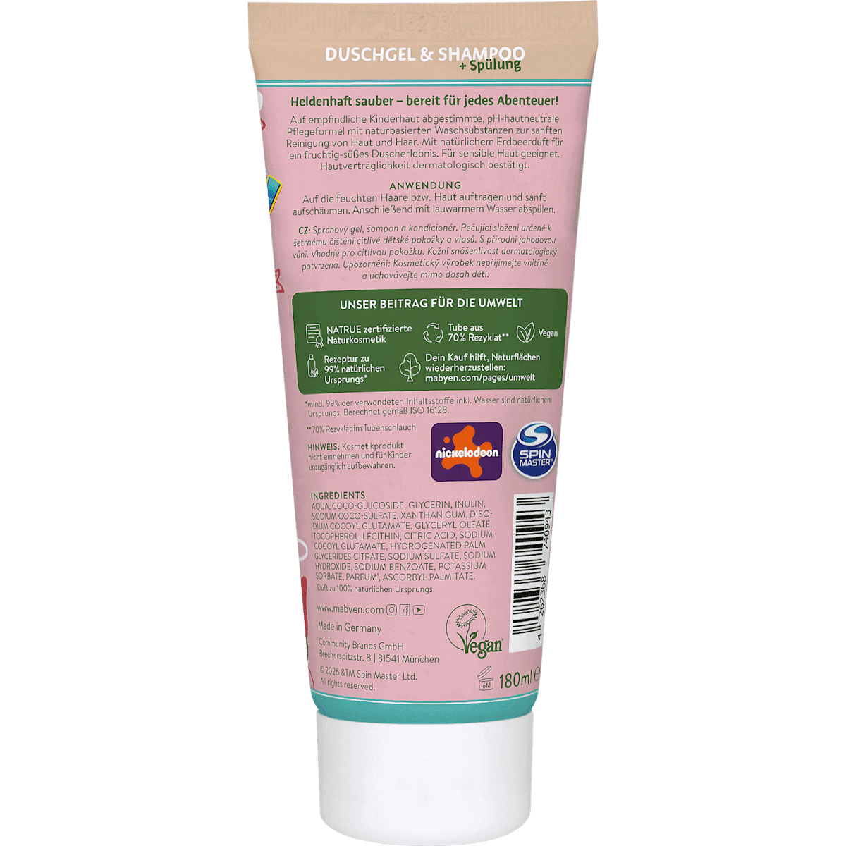 Mabyen Enfant Gel douche, Shampooing & Après-shampooing 3-in-1 fraise Paw Patrol, 180 ml (Mabyen Kinder Duschgel, Shampoo & Spülung 3-in-1 Erdbeere Paw Patrol, 180 ml) — منتج ألماني أصلي في المغرب