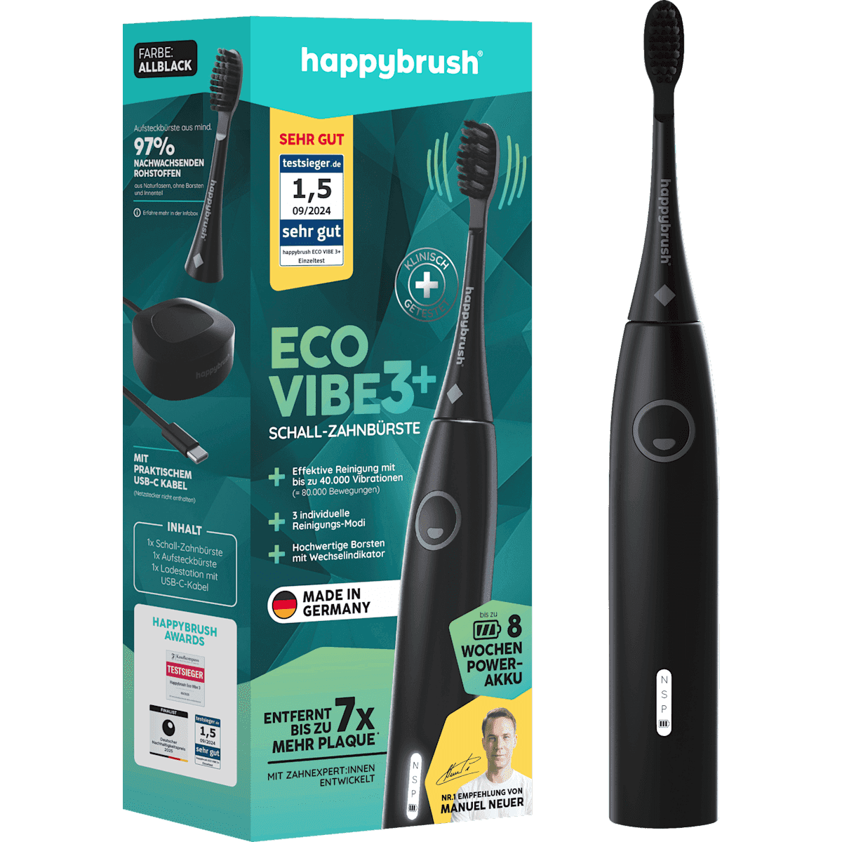 happybrush Brosse à dents sonique Eco Vibe 3+, 1 pièce — produit allemand authentique au Maroc