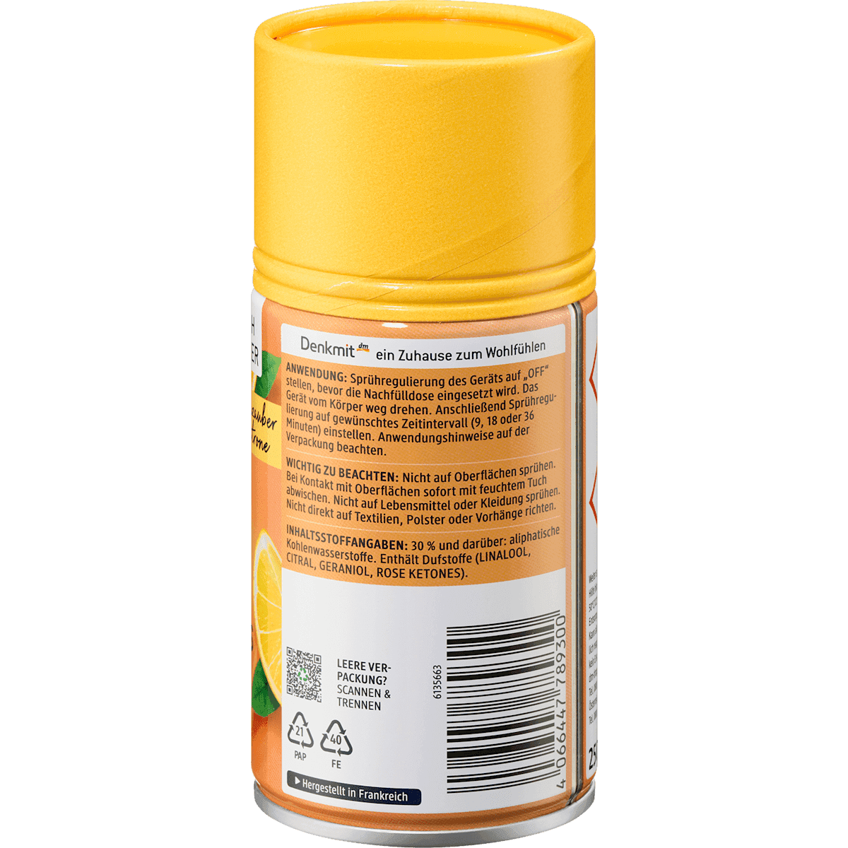 Denkmit Désodorisant Diffuseur automatique magie d'orange & citron recharge, 250 ml (Denkmit Lufterfrischer Automatisches Duftspray Orangenzauber & Zitrone Nachfüllpack, 250 ml) — produit allemand authentique au Maroc