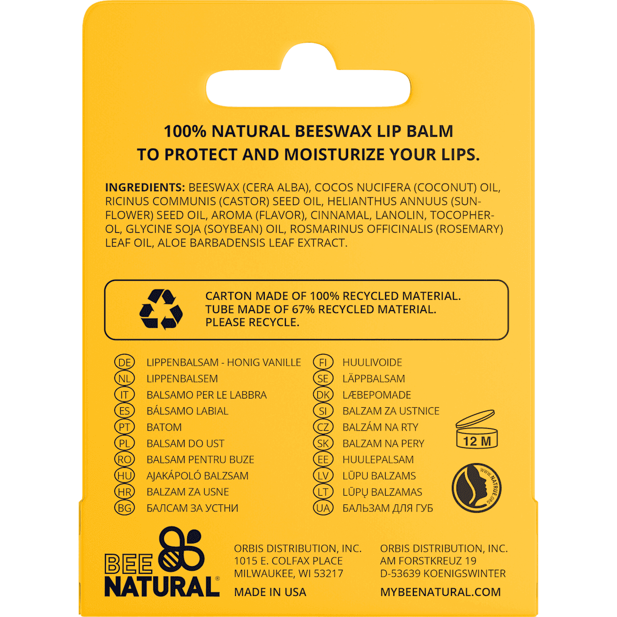 BEE NATURAL Soin des lèvres miel vanille, 4,2 g (BEE NATURAL Lippenpflege Honig Vanille, 4,2 g) — produit allemand authentique au Maroc