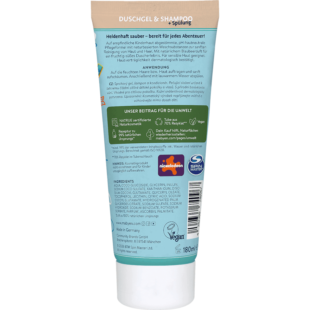 Mabyen Enfant Gel douche, Shampooing & Après-shampooing myrtille Paw Patrol, 180 ml (Mabyen Kinder Duschgel, Shampoo & Spülung Blaubeere Paw Patrol, 180 ml) — منتج ألماني أصلي في المغرب