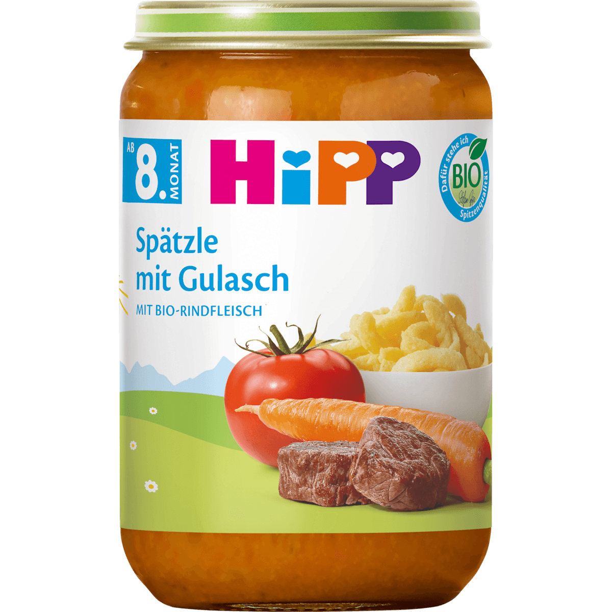 HiPP Petit plat Spätzle avec Gulasch dès 8 mois, 220 g (HiPP Menü Spätzle mit Gulasch ab dem 8. Monat, 220 g) — منتج ألماني أصلي في المغرب