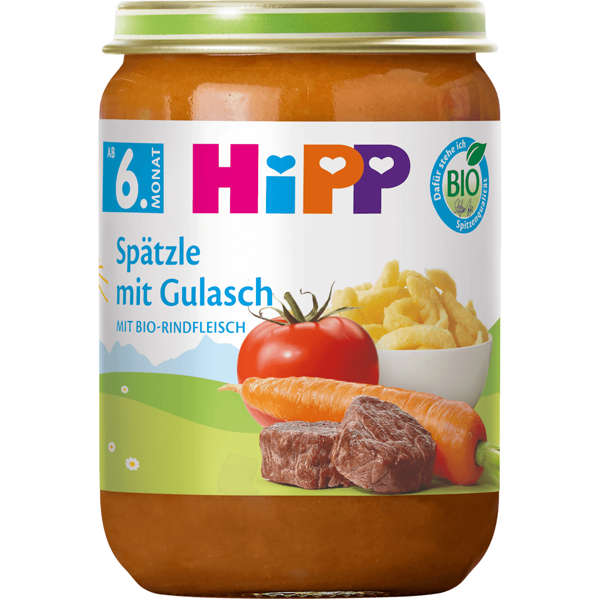 HiPP Petit plat Spätzle avec Gulasch dès 6 mois, 190 g (HiPP Menü Spätzle mit Gulasch ab dem 6. Monat, 190 g) — منتج ألماني أصلي في المغرب