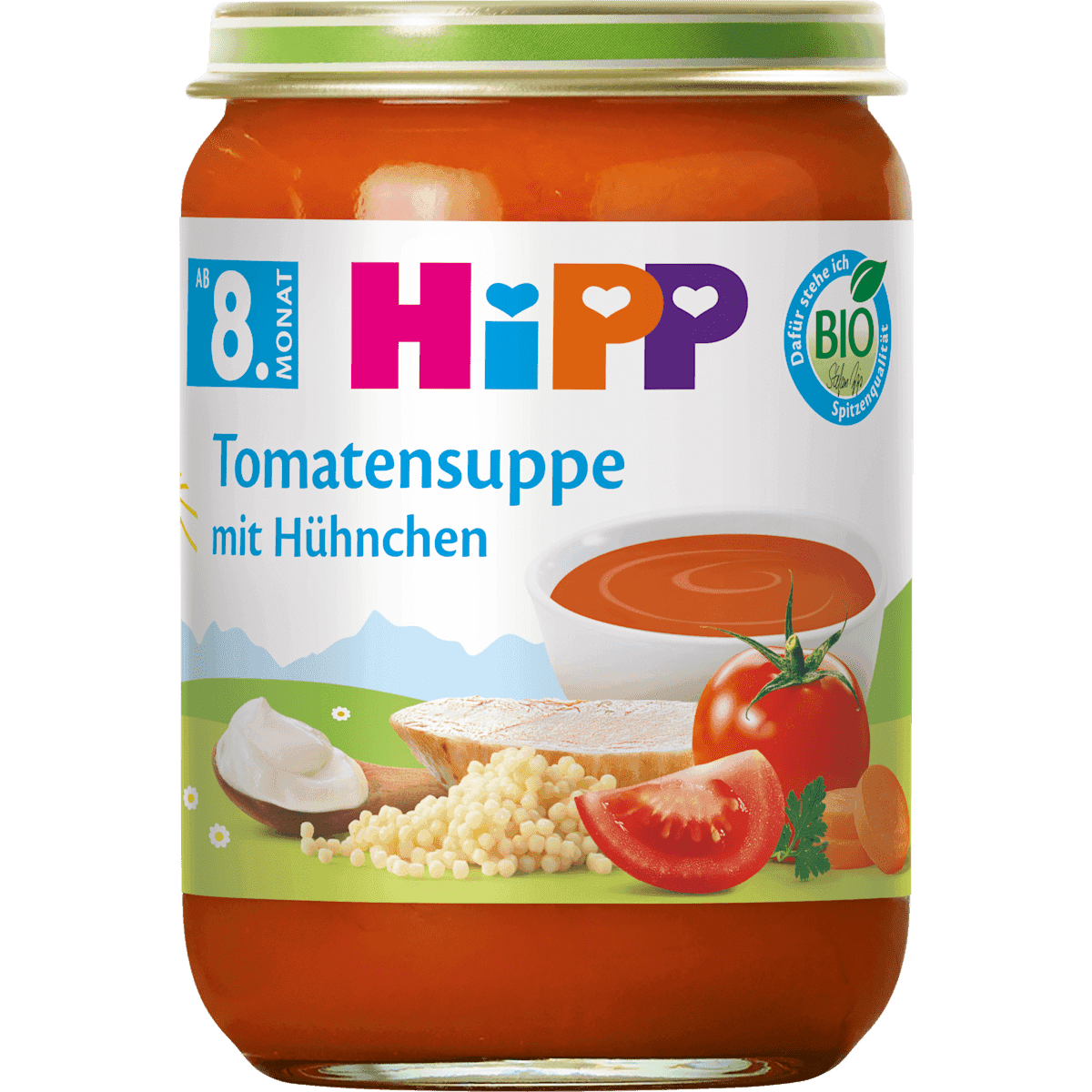 HiPP Petit plat Tomatensuppe avec poulet dès 8 mois, 190 g (HiPP Menü Tomatensuppe mit Hühnchen ab dem 8. Monat, 190 g) — منتج ألماني أصلي في المغرب