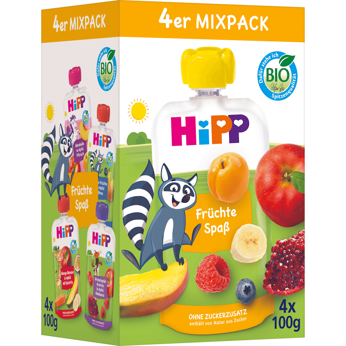 HiPP Quetschie Früchtespaß Mixpack dès 1 an (4x100 g), 400 g (HiPP Quetschie Früchtespaß Mixpack ab 1 Jahr (4x100 g), 400 g) — منتج ألماني أصلي في المغرب