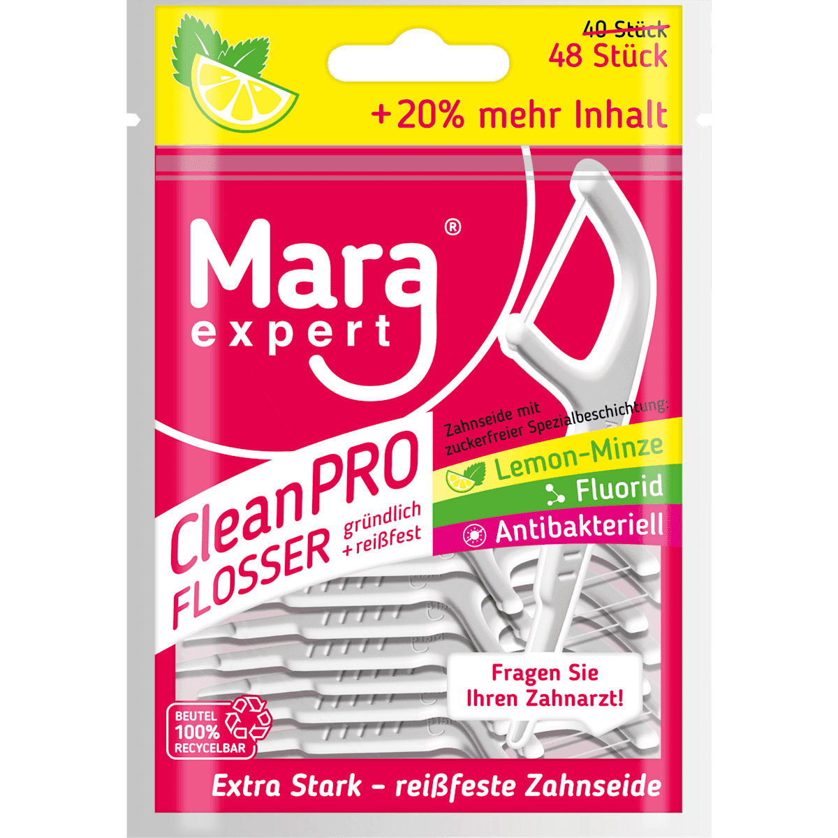 Mara floss picks Clean PRO Lemon-mint fluoride antibacterial, 48 pcs — authentic German product in Morocco