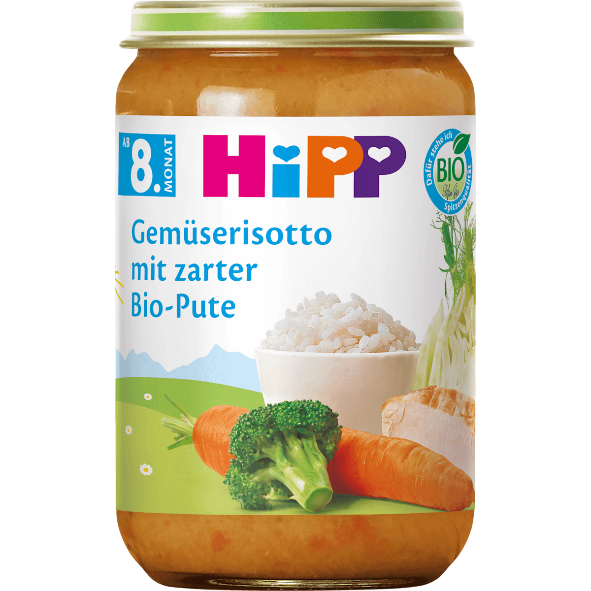 HiPP Petit plat Risotto aux légumes avec zarter Pute dès 8 mois, 220 g (HiPP Menü Gemüserisotto mit zarter Pute ab dem 8. Monat, 220 g) — منتج ألماني أصلي في المغرب