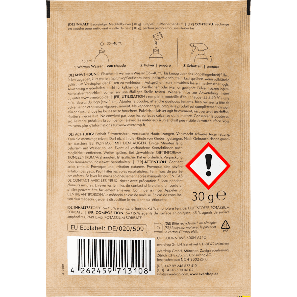 everdrop Nettoyant salle de bain recharge pour, 500 ml (everdrop Badreiniger Nachfüllpack für, 500 ml) — produit allemand authentique au Maroc