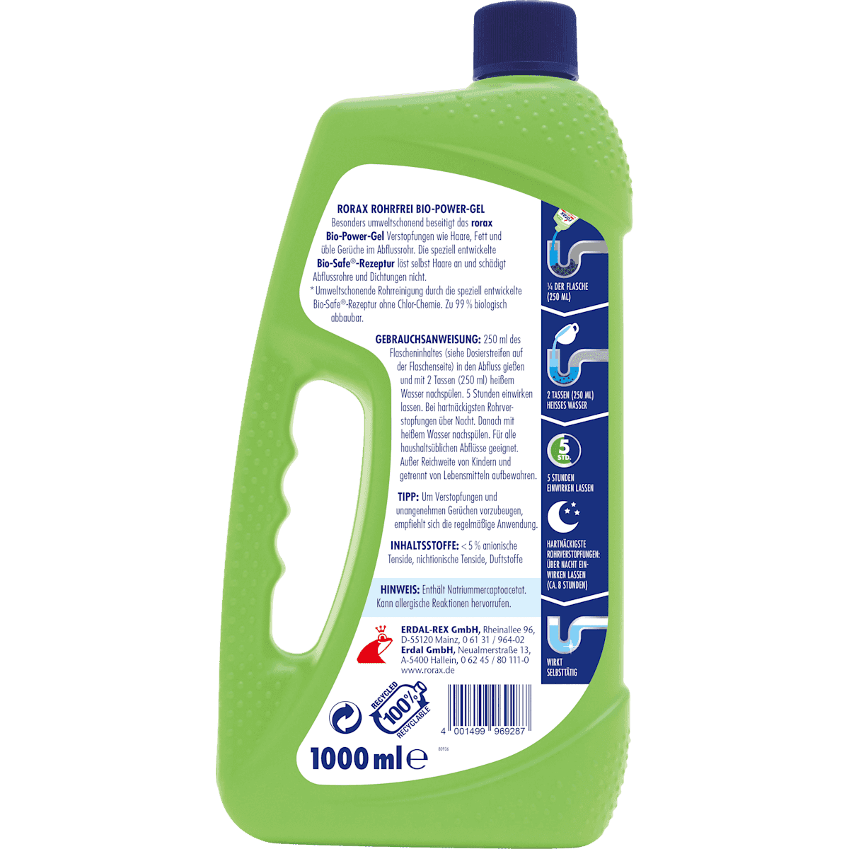 rorax Déboucheur canalisations bio-Power-Gel, 1.000 ml (rorax Rohrreiniger Bio-Power-Gel, 1.000 ml) — produit allemand authentique au Maroc