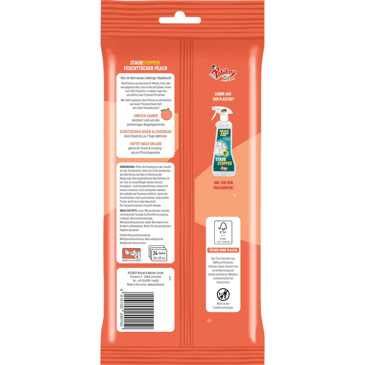 Poliboy Lingettes nettoyantes pour meubles Peach anti-poussière, 24 pièces (Poliboy Feuchte Reinigungstücher für Möbel Peach Staubstopper, 24 St) — produit allemand authentique au Maroc