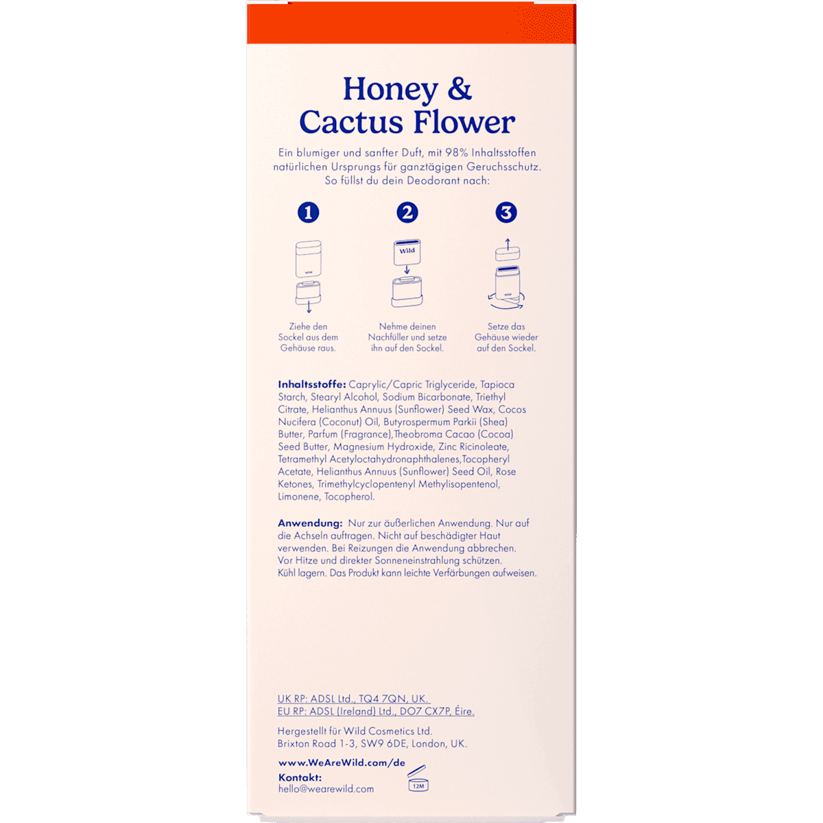 Wild Déodorant stick Honey & Cactus Flower + recharge, 40 g (Wild Deostick Honey & Cactus Flower + Nachfüllpack, 40 g) — produit allemand authentique au Maroc