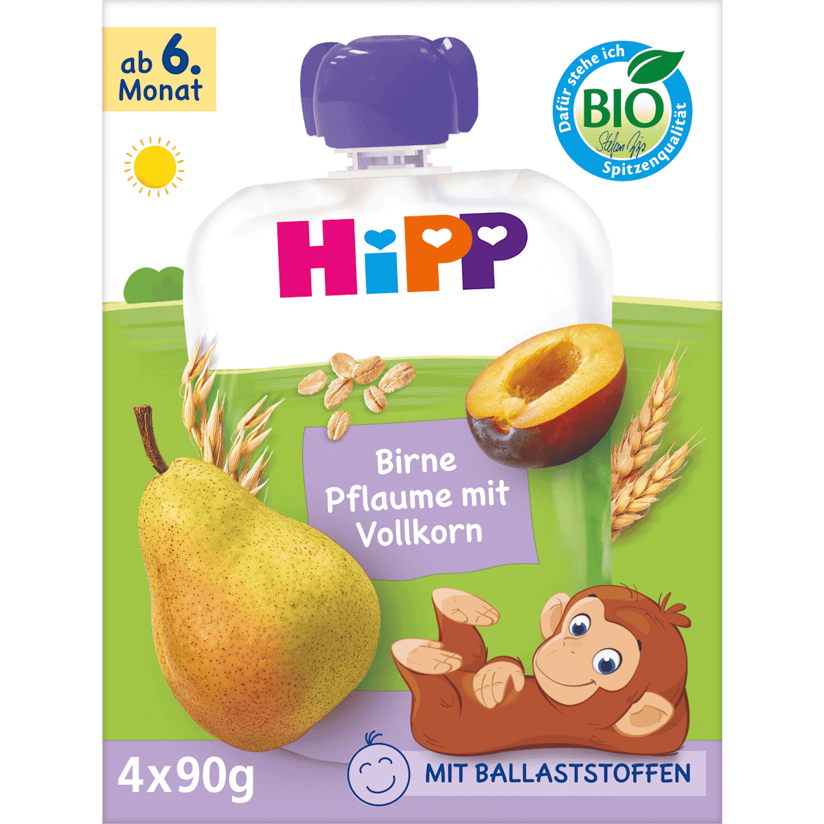 HiPP Quetschie Birne, Pflaume avec Vollkorn dès 6 mois (4x90 g), 360 g (HiPP Quetschie Birne, Pflaume mit Vollkorn ab dem 6. Monat (4x90 g), 360 g) — منتج ألماني أصلي في المغرب