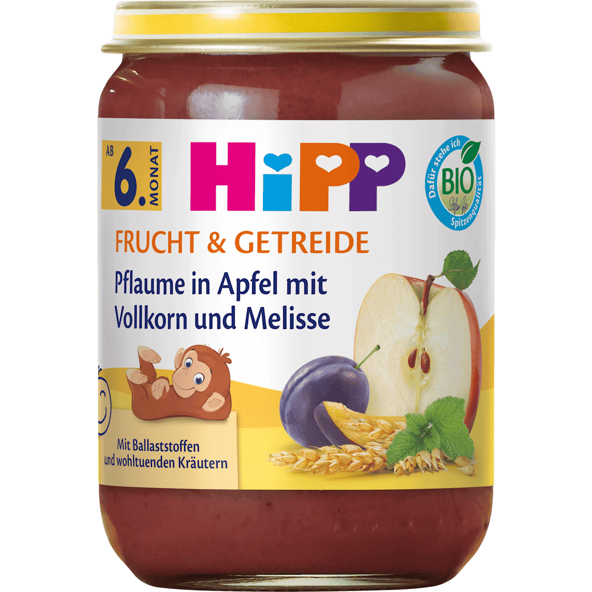 HiPP Frucht & Getreide Pflaume in pomme avec Vollkorn & mélisse dès 6 mois, 190 g — منتج ألماني أصلي في المغرب