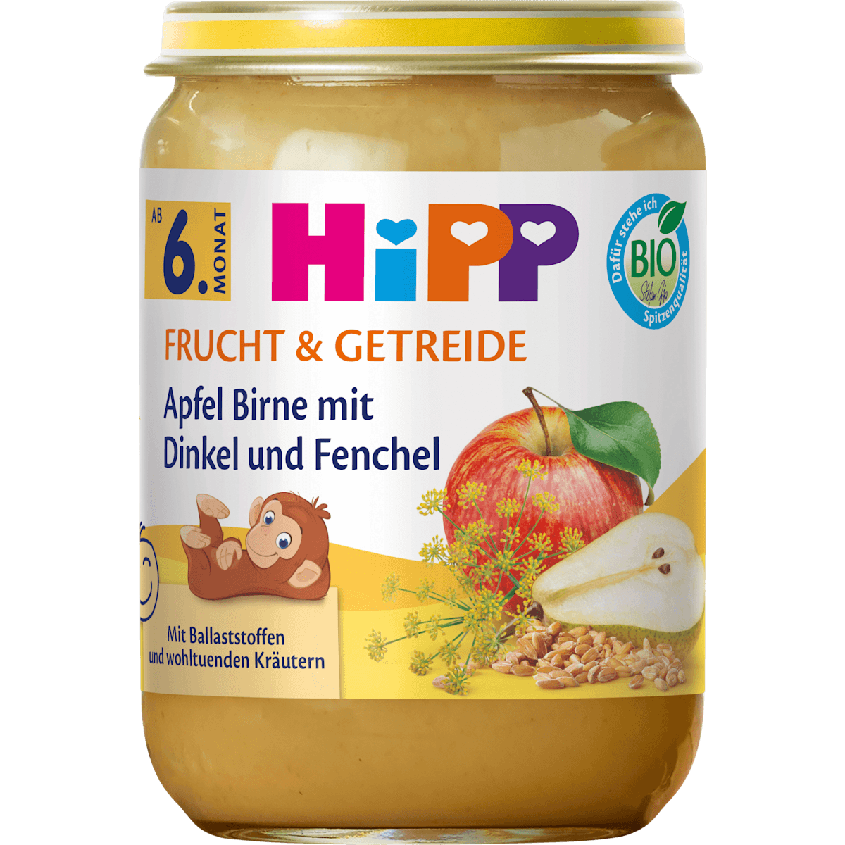 HiPP Frucht & Getreide pomme, Birne avec Dinkel & Fenchel dès 6 mois, 190 g — منتج ألماني أصلي في المغرب