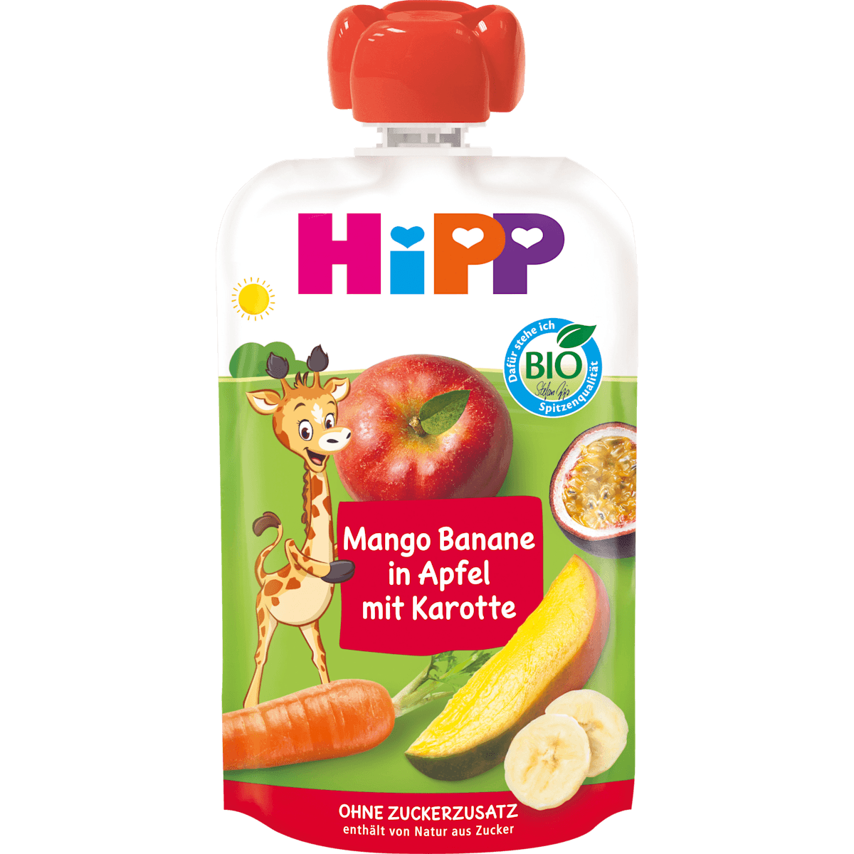 HiPP Quetschie Mango, Banane in pomme avec Karotte dès 1 an, 100 g (HiPP Quetschie Mango, Banane in Apfel mit Karotte ab 1 Jahr, 100 g) — منتج ألماني أصلي في المغرب