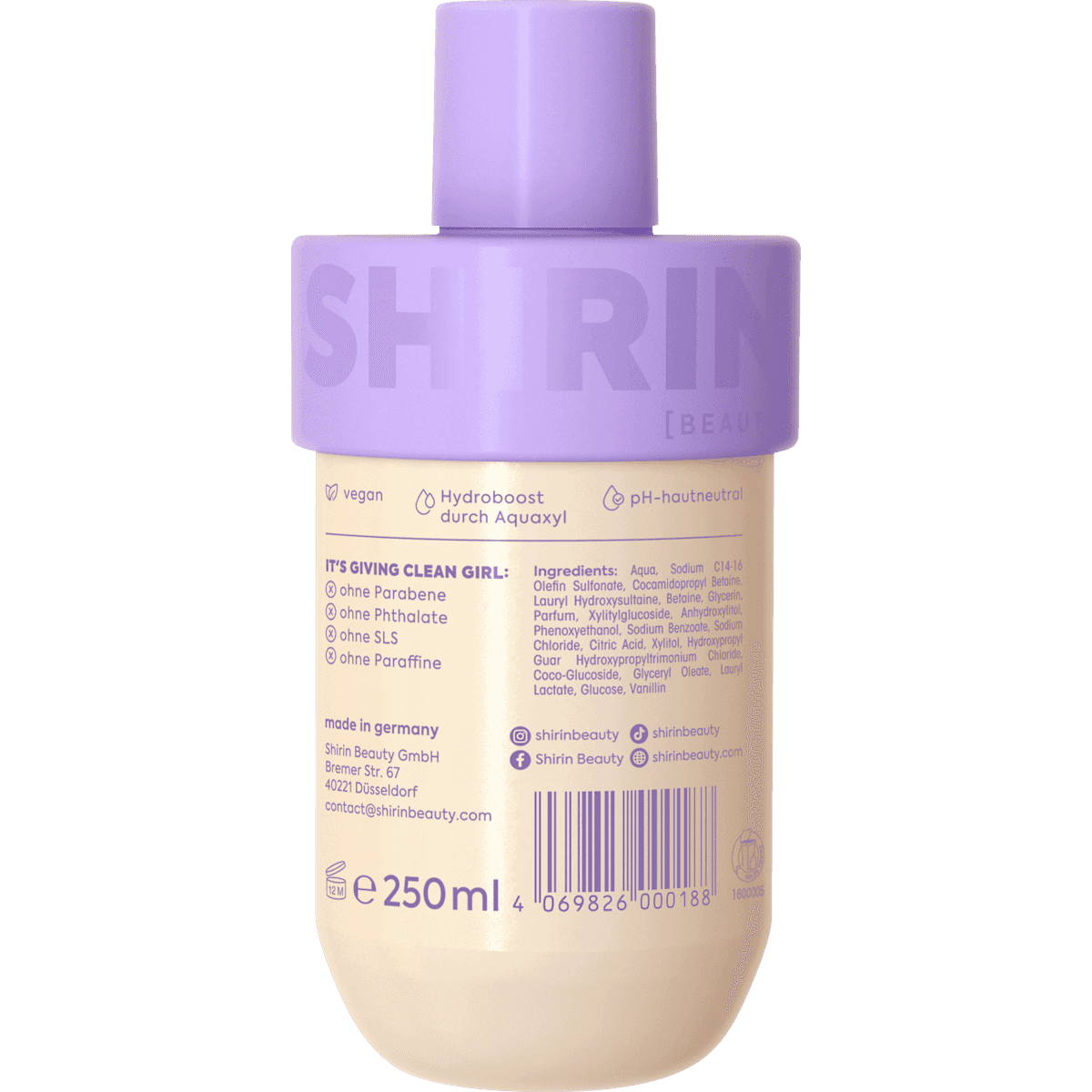 SHIRIN BEAUTY Gel douche Creamy Blueberry Caramel Bliss, 250 ml (SHIRIN BEAUTY Duschgel Creamy Blueberry Caramel Bliss, 250 ml) — produit allemand authentique au Maroc