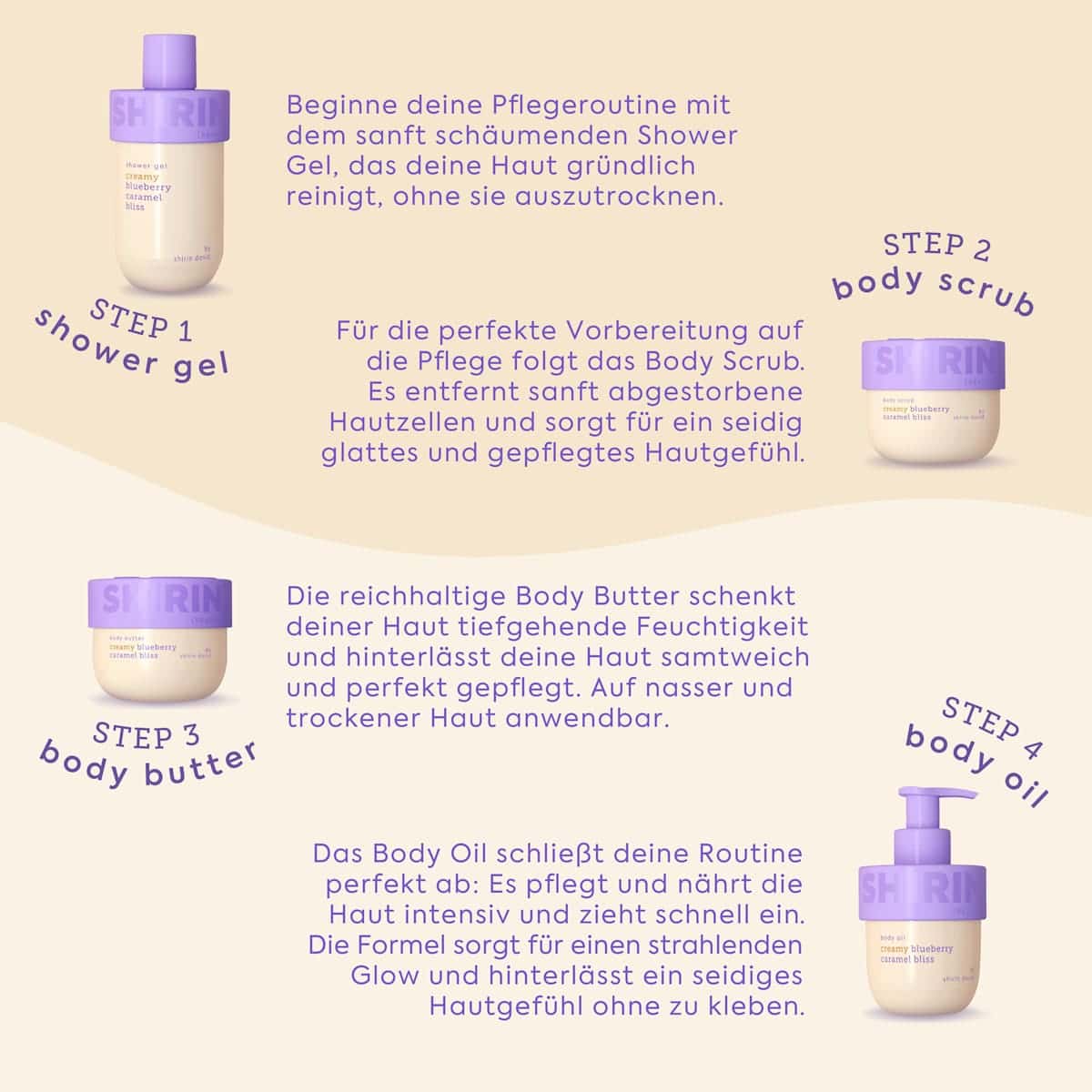SHIRIN BEAUTY Beurre corporel Creamy Blueberry Caramel Bliss, 235 ml (SHIRIN BEAUTY Körperbutter Creamy Blueberry Caramel Bliss, 235 ml) — produit allemand authentique au Maroc