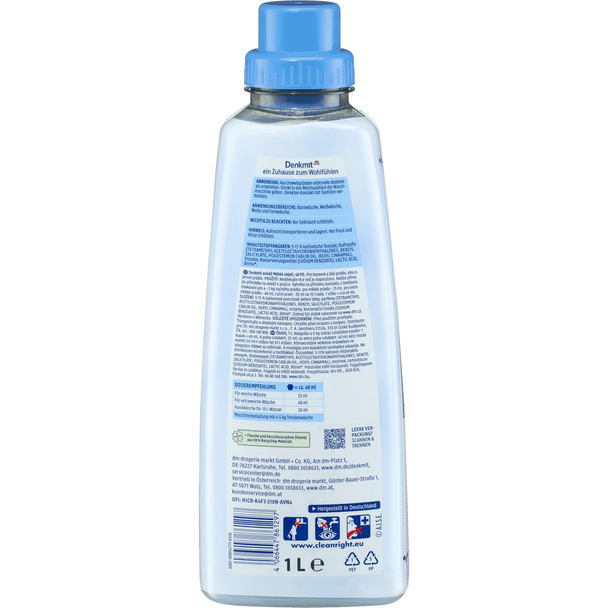 Denkmit Assouplissant Soft Embrace 40 lavages, 1 l (Denkmit Weichspüler Soft Embrace 40WL, 1 l) — produit allemand authentique au Maroc