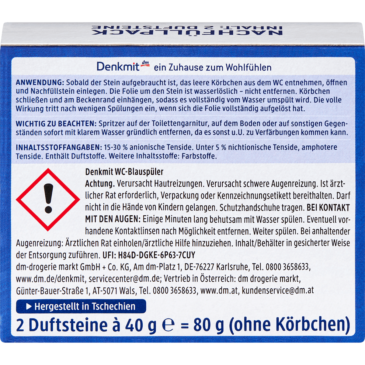 Denkmit Bloc WC bleu recharge, 2 pièces (Denkmit WC-Blauspüler Nachfüllpack, 2 St) — produit allemand authentique au Maroc