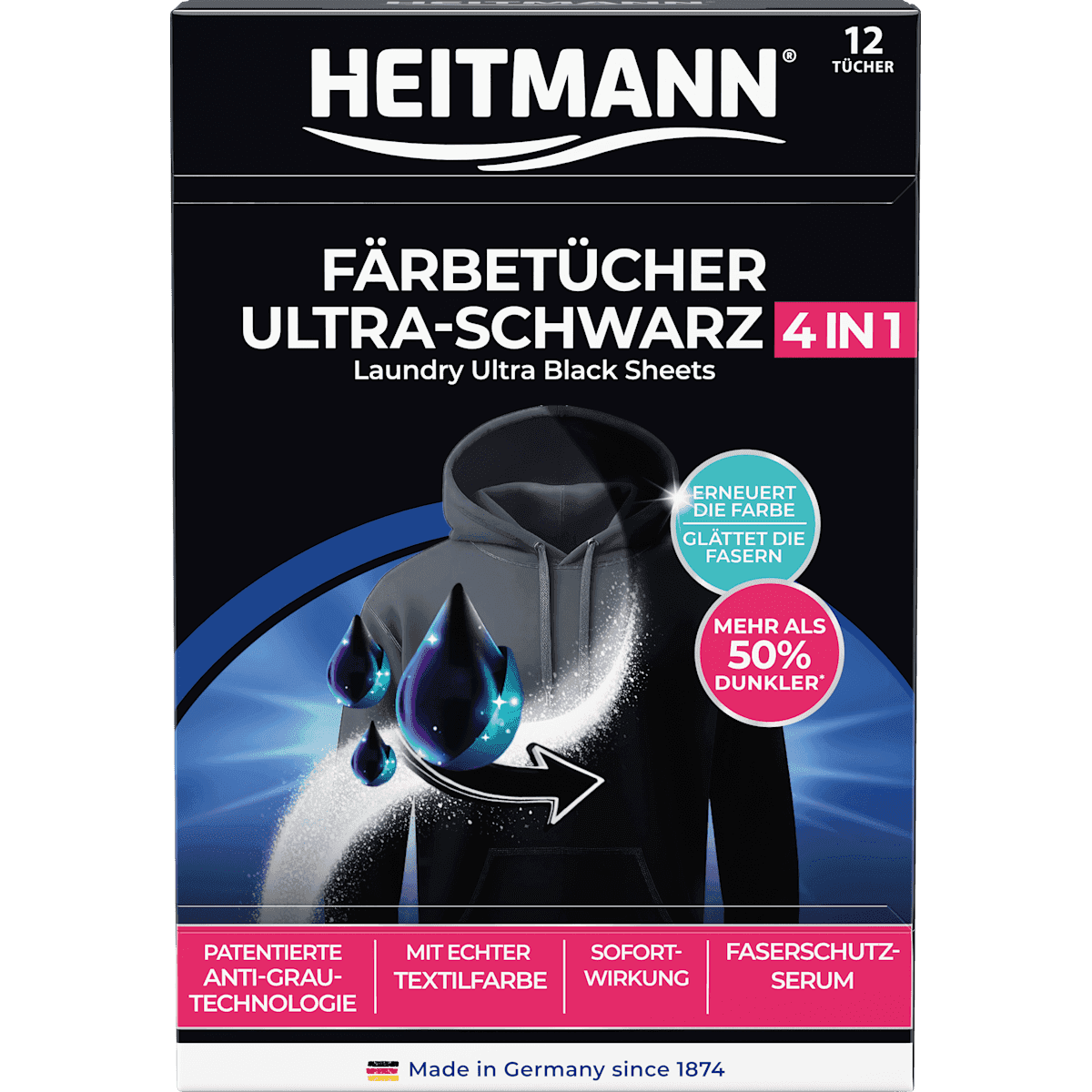 Heitmann Lingettes teinture Ultra noir 2in1, 12 pièces — produit allemand authentique au Maroc