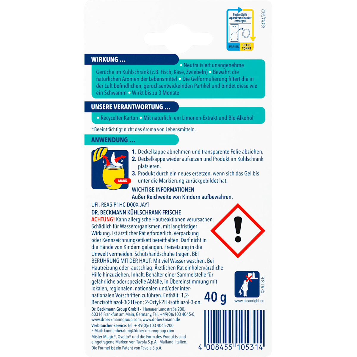 Dr. Beckmann Absorbeur d'odeurs réfrigérateur, 40 g (Dr. Beckmann Kühlschrank-Frische, 40 g) — authentic German product in Morocco