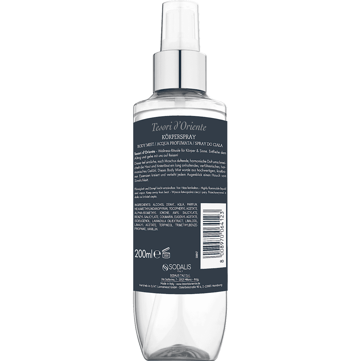 Tesori d'Oriente White Musk Brume corporelle Body Mist, 200 ml (Tesori d'Oriente White Musk Körperspray Body Mist, 200 ml) — produit allemand authentique au Maroc