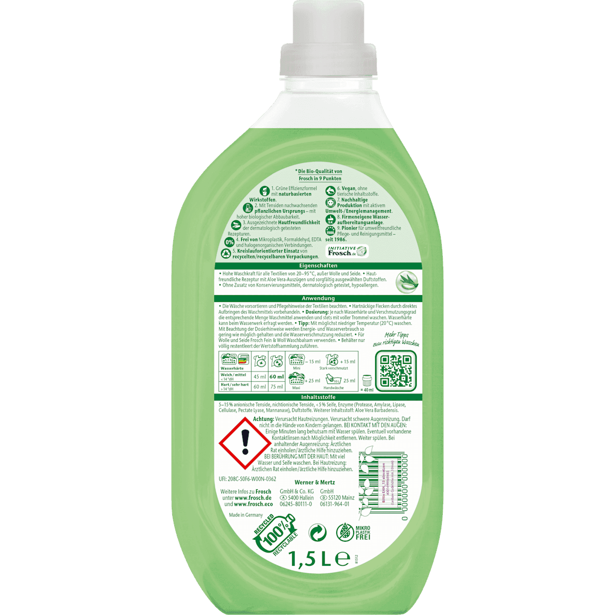 Frosch Lessive universal liquid aloe vera, 25 lavages (Frosch Vollwaschmittel Flüssig Aloe Vera, 25 Wl) — authentic German product in Morocco