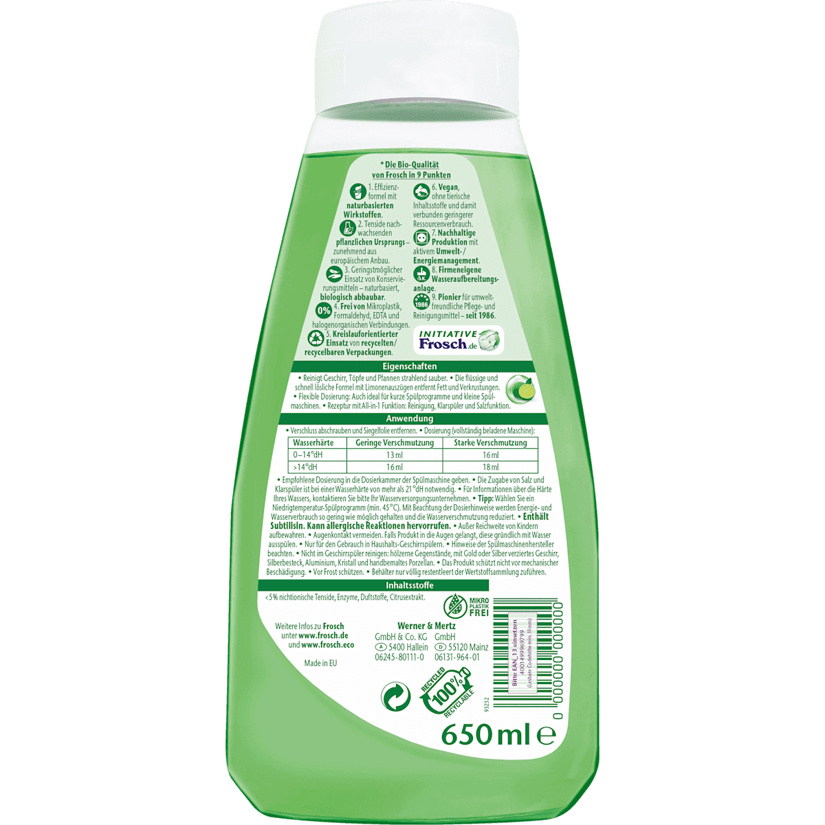 Frosch Gel lave-dishes All-in-1, 40 lavages, 650 ml (Frosch Spül-Gel All-in-1, 40 Spülgänge, 650 ml) — authentic German product in Morocco