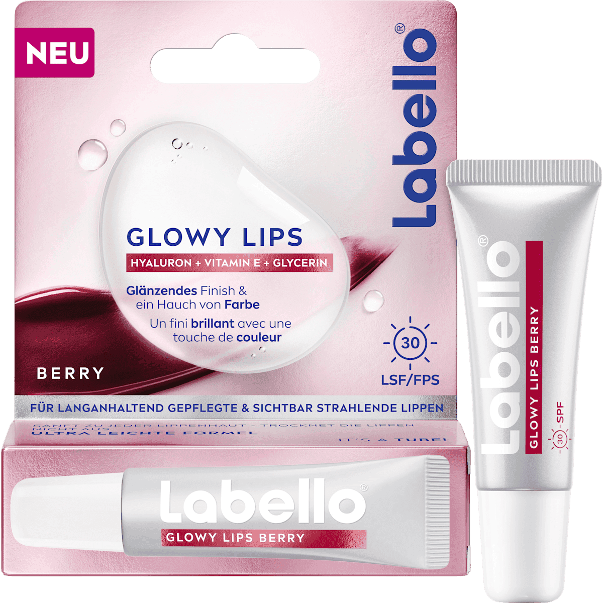 Labello lip care Glowy Lips Berry LSF30, 10 ml — authentic German product in Morocco