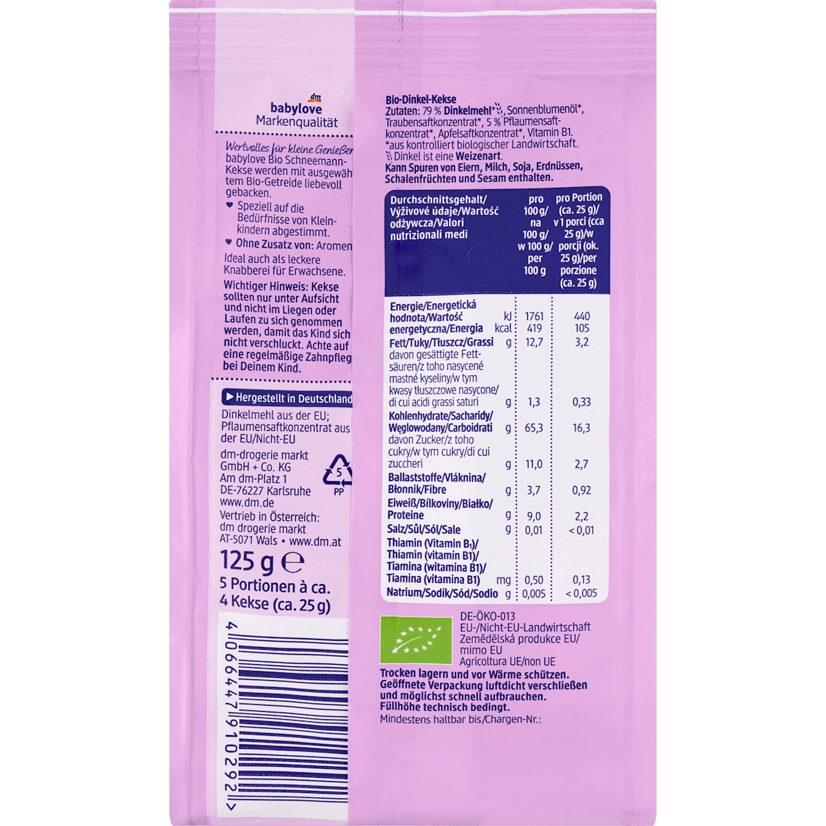 Babylove biscuits enfant bonhomme de neige épeautre prune dès 1 an, 125 g (Babylove Kinderkekse Schneemann Dinkel Pflaume ab 1 Jahr, 125 g) — produit allemand authentique au Maroc
