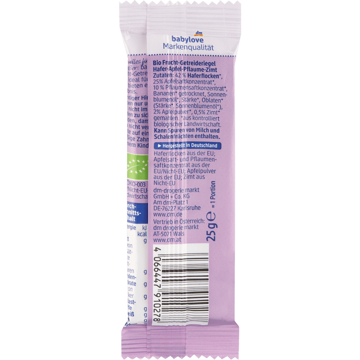 Babylove Barres fruits et céréales pomme-prune-cannelle dès 1 an, 25 g (Babylove Frucht-Getreide-Riegel Apfel-Pflaume-Zimt ab 1 Jahr, 25 g) — produit allemand authentique au Maroc