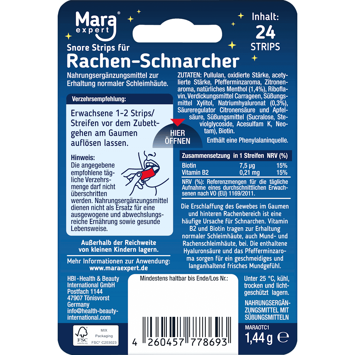 Mara Snore Strips pharynx-Schnarcher Gaumen-Streifen, 24 pièces (Mara Snore Strips Rachen-Schnarcher Gaumen-Streifen, 24 St) — منتج ألماني أصلي في المغرب