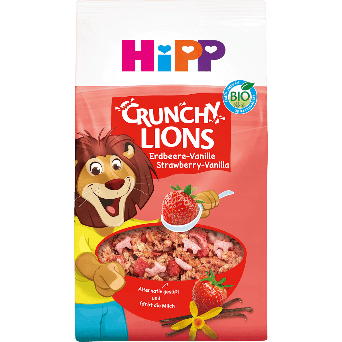 HiPP Muesli enfant Crunchy Lions fraise-vanille, dès 3 ans, 300 g (HiPP Kindermüsli Crunchy Lions Erdbeere-Vanille, ab 3 Jahren, 300 g) — منتج ألماني أصلي في المغرب