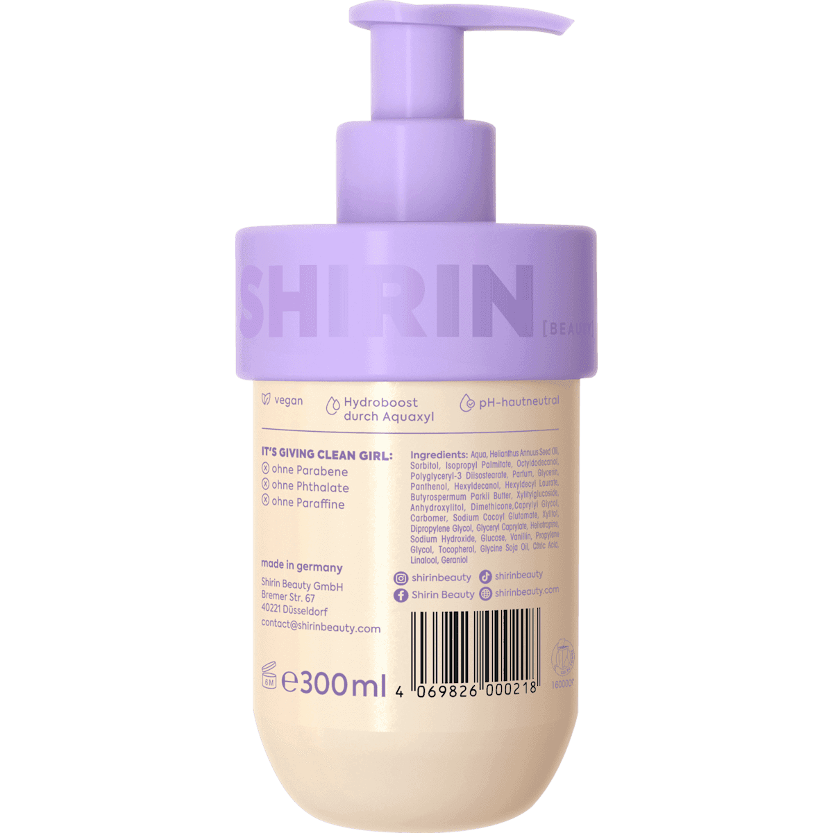 SHIRIN BEAUTY Lait corporel Creamy Blueberry Caramel Bliss, 300 ml (SHIRIN BEAUTY Körpermilch Creamy Blueberry Caramel Bliss, 300 ml) — produit allemand authentique au Maroc