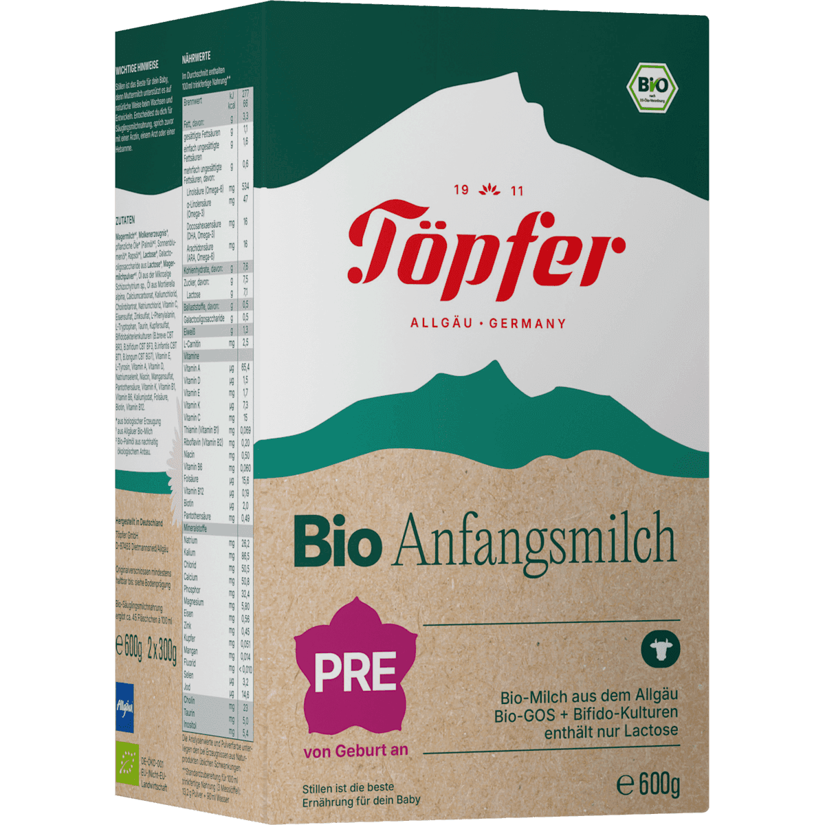 Töpfer Lait infantile 1er âge Pre dès la naissance, 600 g — produit allemand authentique au Maroc