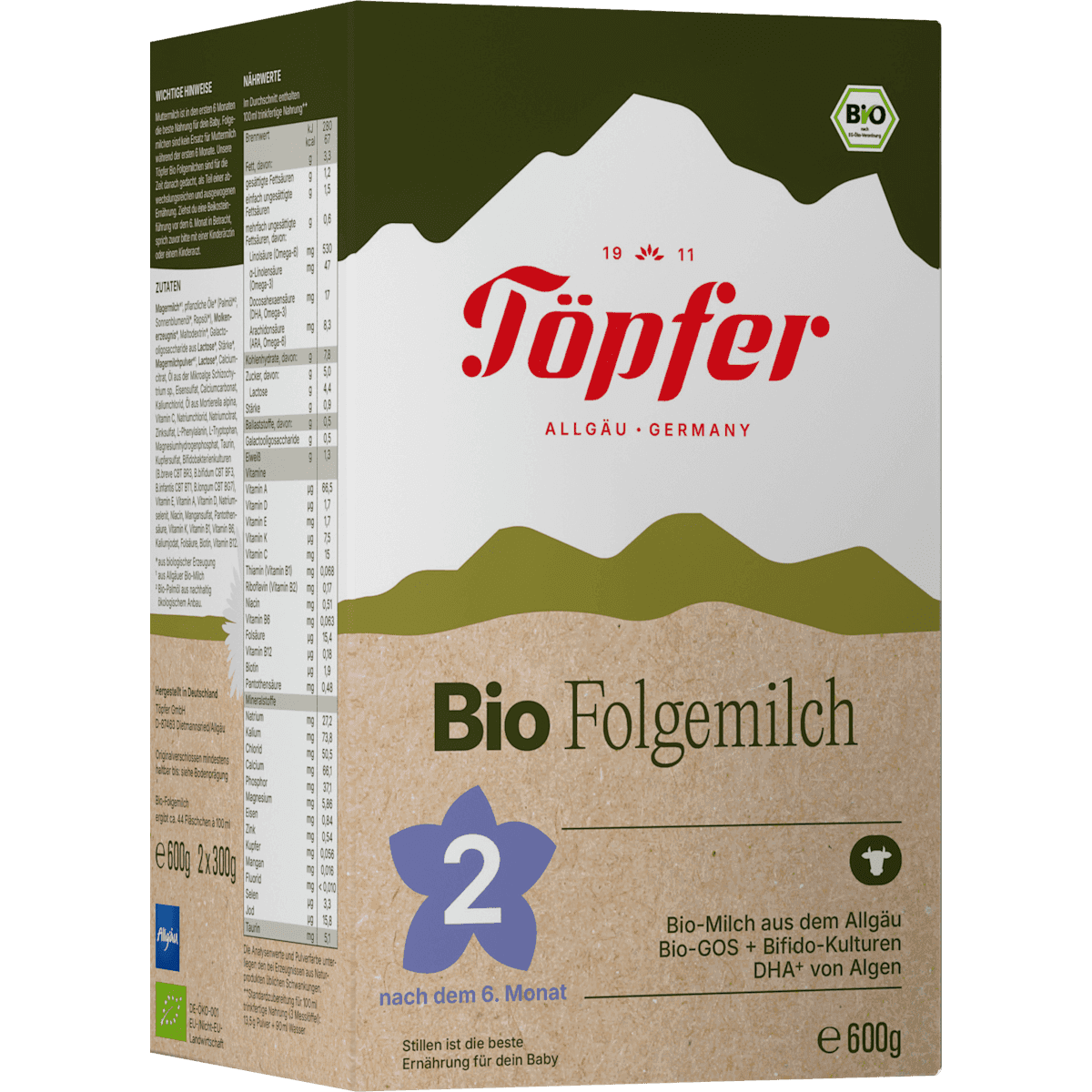 Töpfer Lait de suite 2 après 6 mois, 600 g (Töpfer Folgemilch 2 nach dem 6. Monat, 600 g) — produit allemand authentique au Maroc