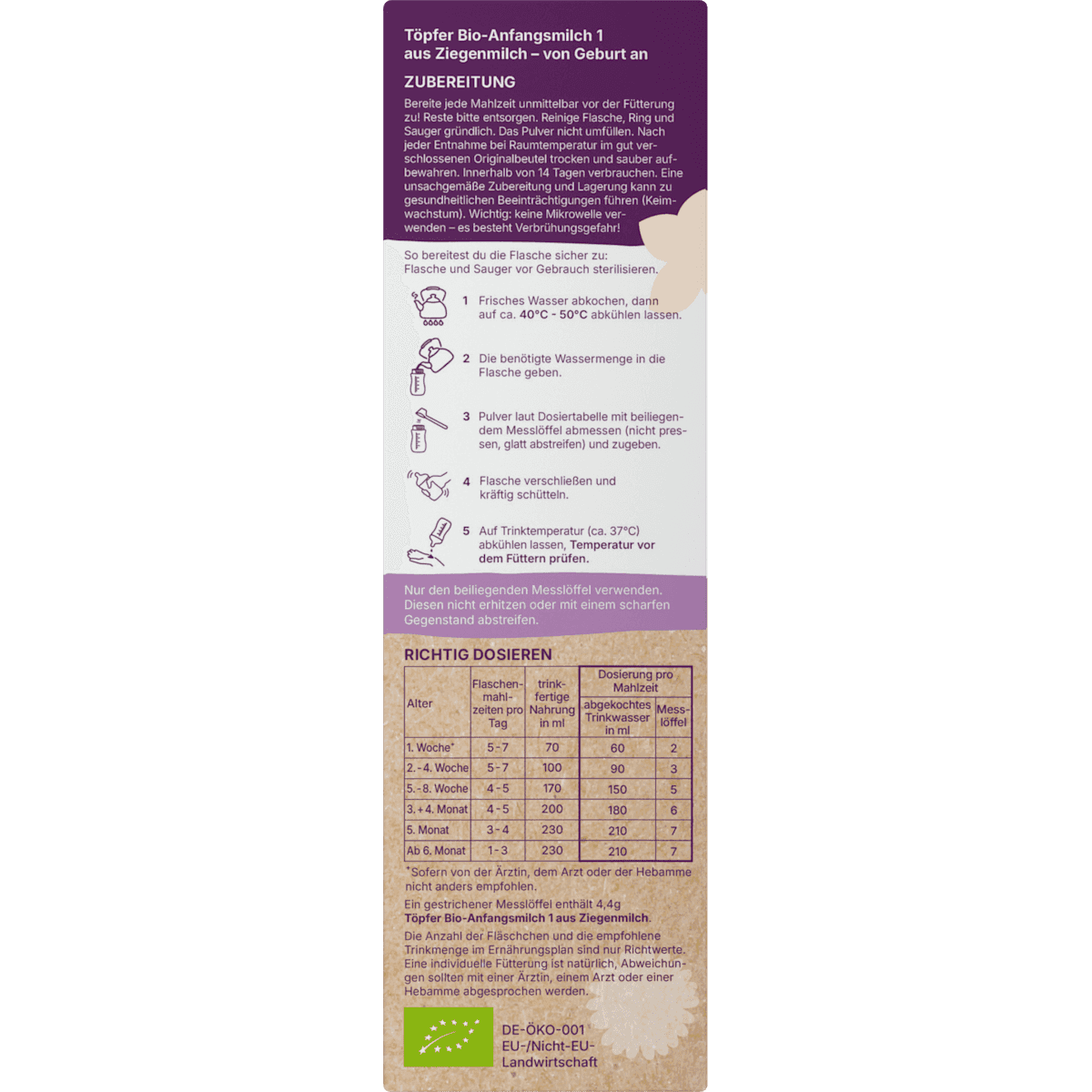 Töpfer Lait infantile 1er âge 1 au lait de chèvre, dès la naissance, 400 g (Töpfer Anfangsmilch 1 aus Ziegenmilch, von Geburt an, 400 g) — produit allemand authentique au Maroc