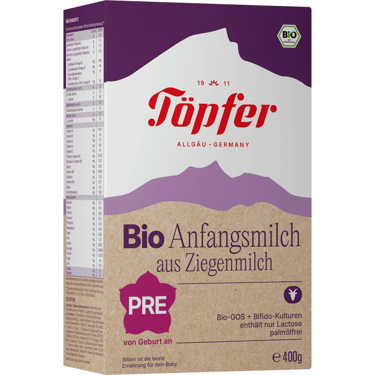 Töpfer Lait infantile 1er âge Pre au lait de chèvre dès la naissance, 400 g (Töpfer Anfangsmilch Pre aus Ziegenmilch von Geburt an, 400 g) — produit allemand authentique au Maroc