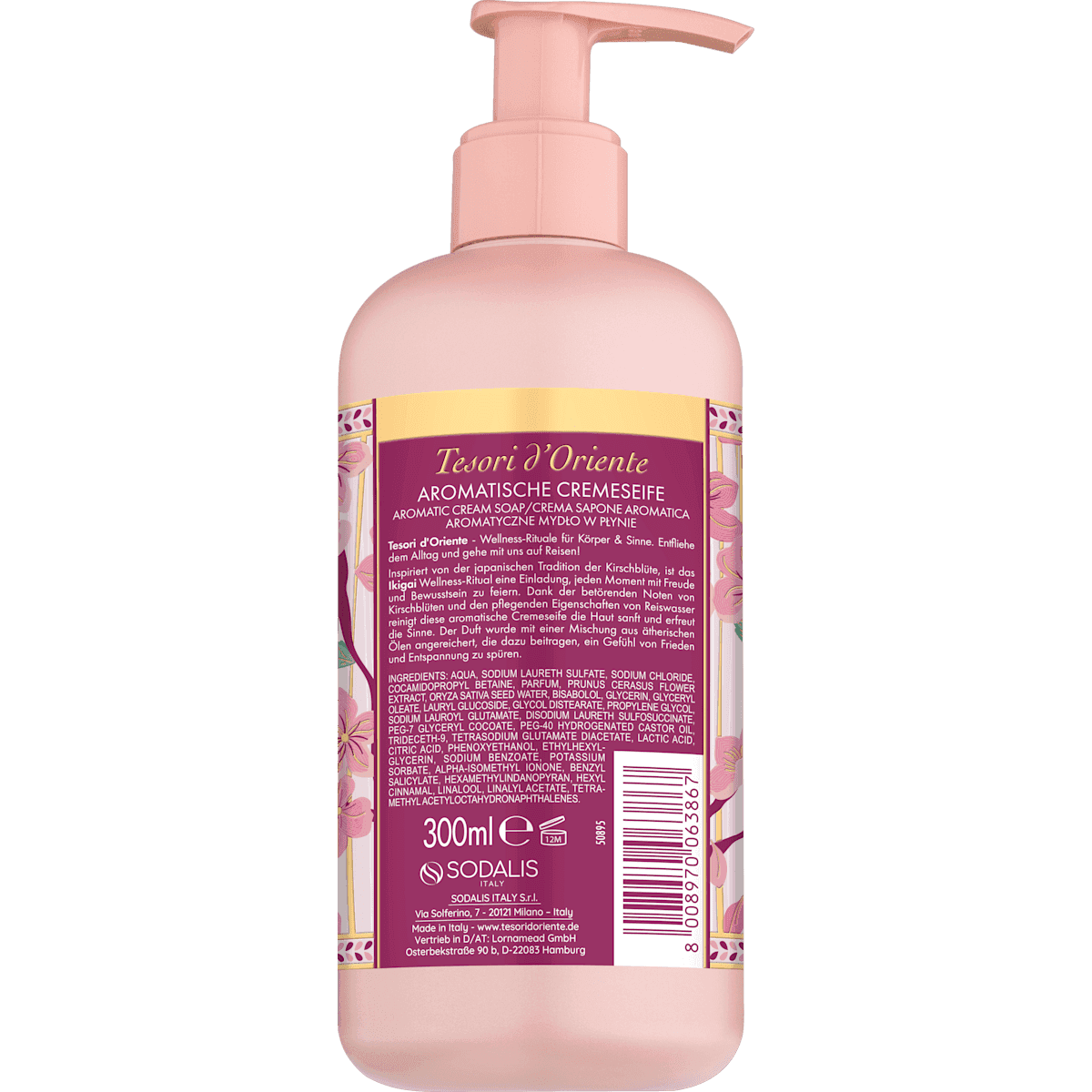 Tesori d'Oriente Savon liquide Ikigai fleur de cerisier & eau de riz, 300 ml (Tesori d'Oriente Flüssigseife Ikigai Kirschblüte & Reiswasser, 300 ml) — produit allemand authentique au Maroc