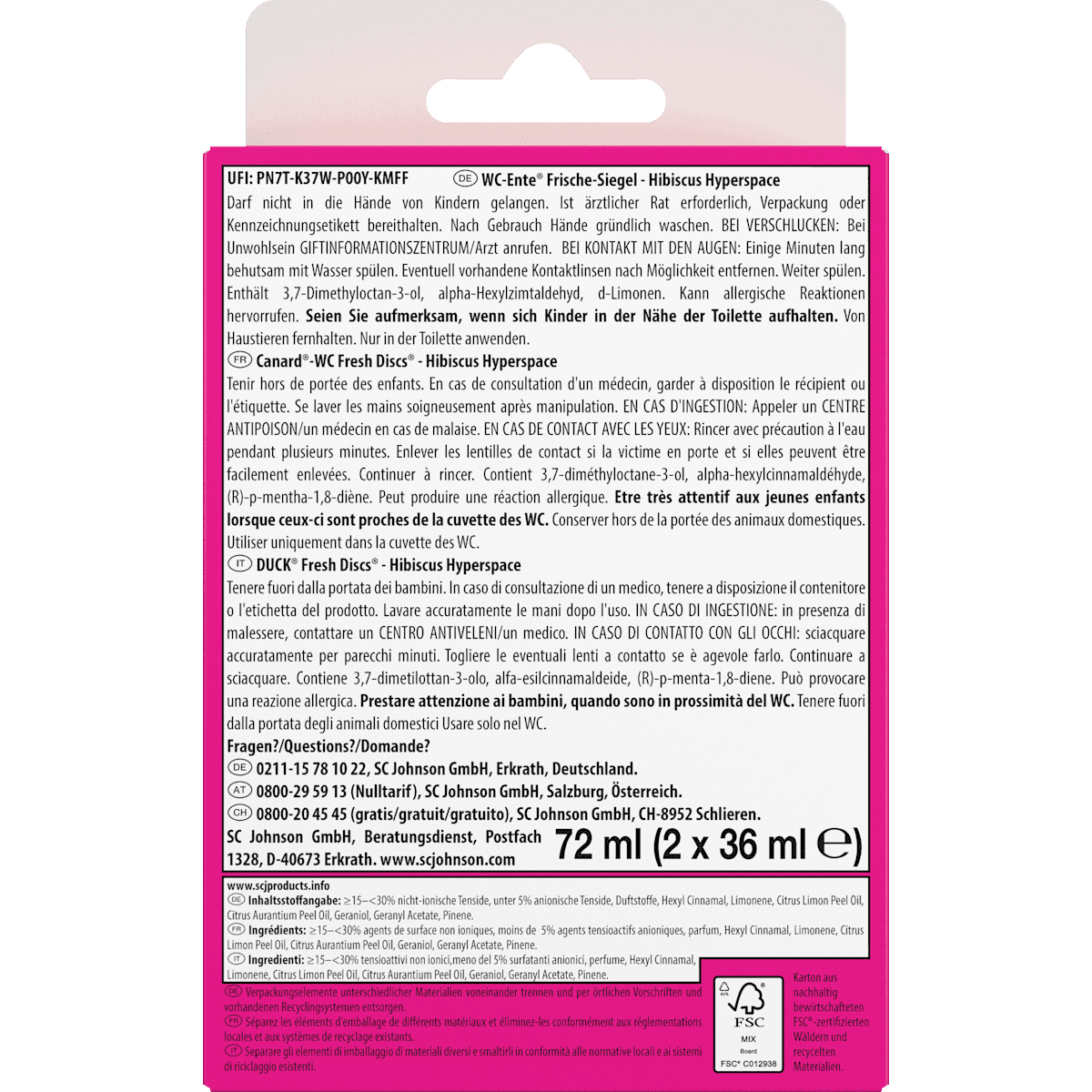 WC-Ente Cleanser WC Fresh Discs hibiscus Hyperspace refill 2 pcs, 72 ml (WC-Ente WC-Reiniger Frische-Siegel Hibiskus Hyperspace Nachfüllpack 2 St, 72 ml) — authentic German product in Morocco