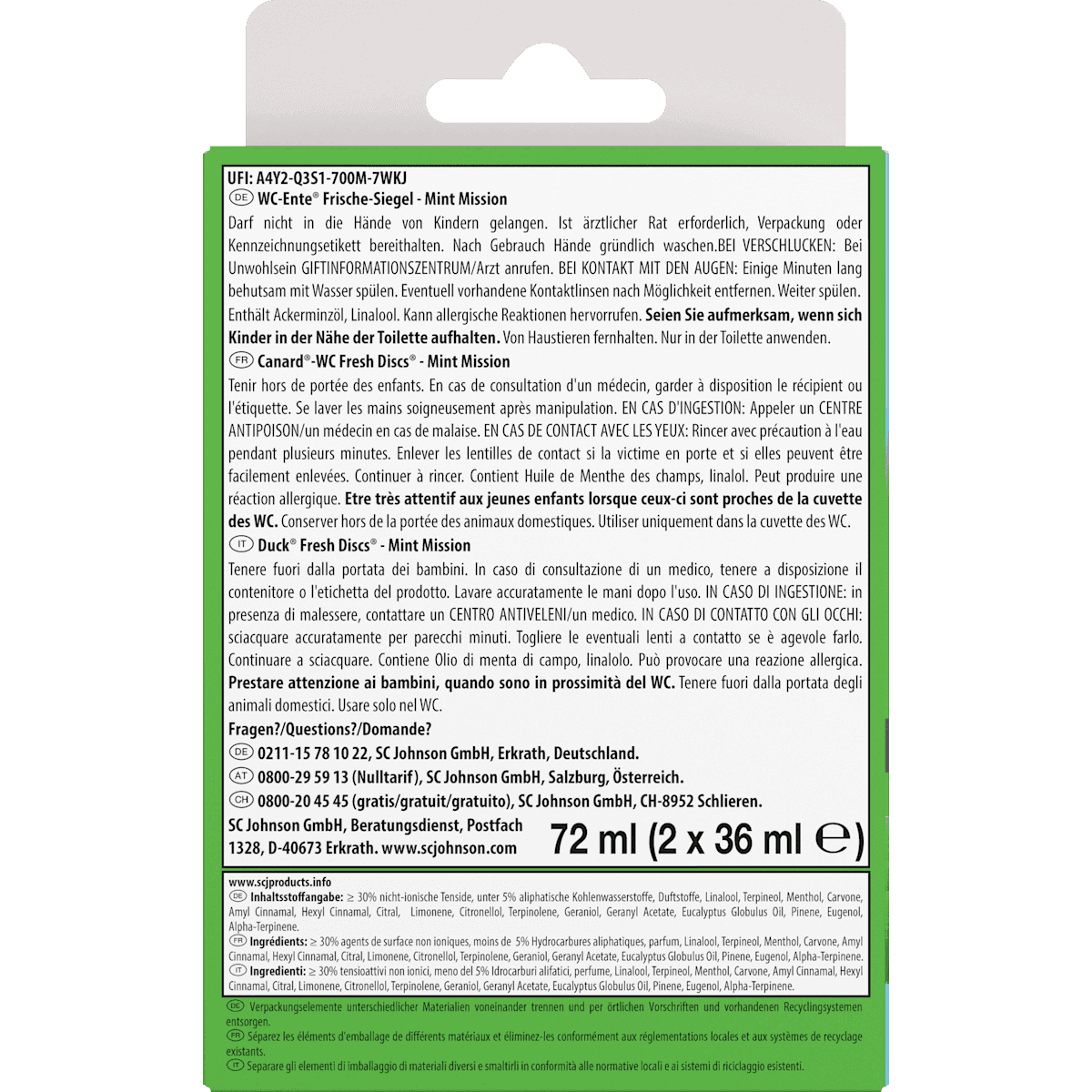 WC-Ente Nettoyant WC Fresh Discs Mint Mission recharge 2 pièces, 72 ml (WC-Ente WC-Reiniger Frische-Siegel Mint Mission Nachfüllpack 2 St, 72 ml) — produit allemand authentique au Maroc