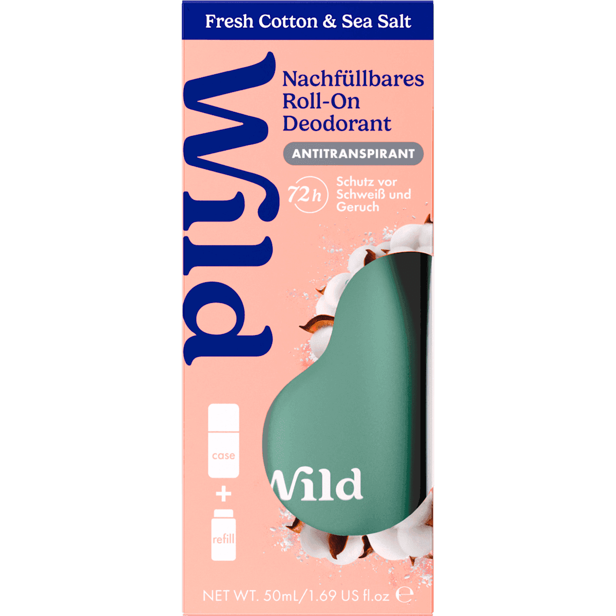 Wild anti-transpirant Déodorant bille Fresh Cotton & Sea Salt + recharge, 50 ml (Wild Antitranspirant Deo Roll-on Fresh Cotton & Sea Salt + Nachfüllpack, 50 ml) — produit allemand authentique au Maroc