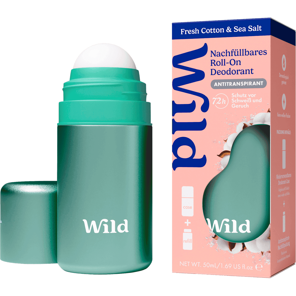Wild anti-transpirant Déodorant bille Fresh Cotton & Sea Salt + recharge, 50 ml — produit allemand authentique au Maroc